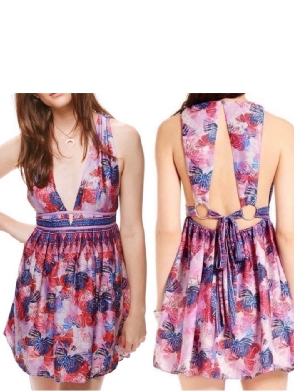 NEW Free People Daydreamin’ Dress Large Butterflies Pink Blue Festival New